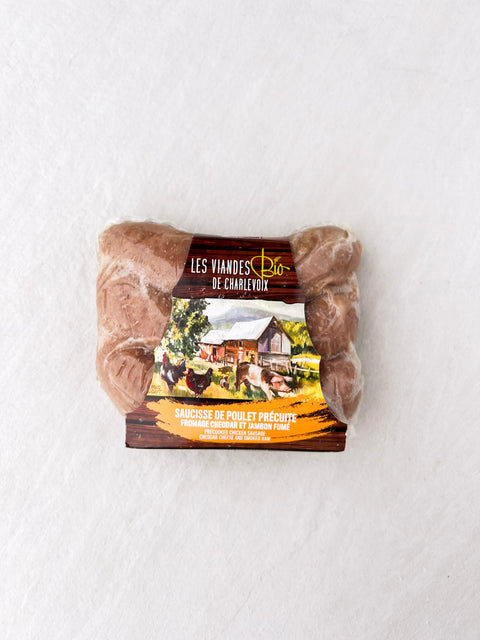 Saucisses de poulet maigre précuites biologiques  - cheddar et jambon fumé (350g)